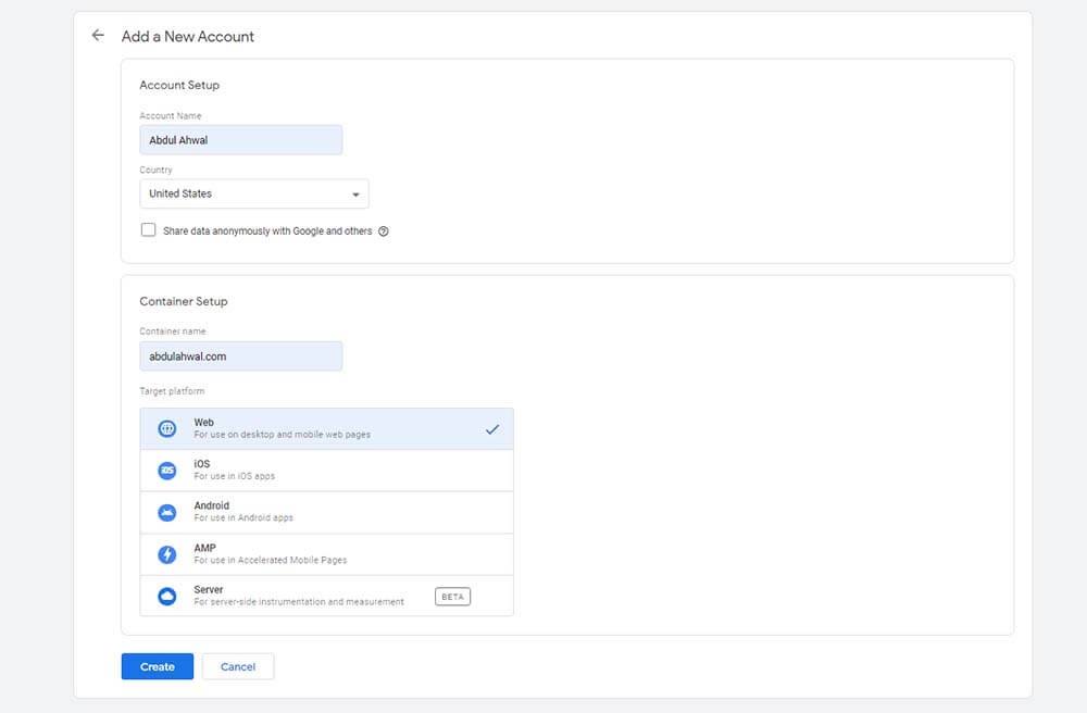 create google tag manager account